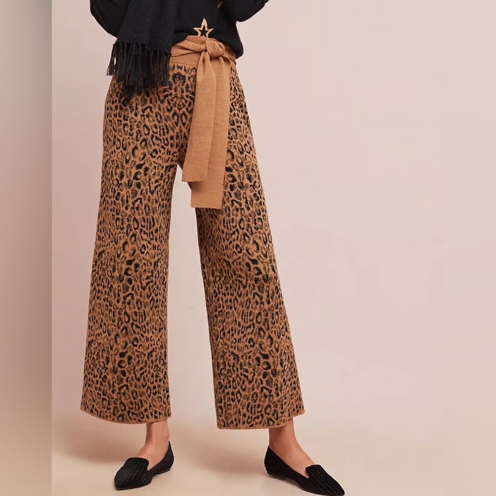 Moth by Anthropologie Leopard Sweater-Tie Knit Trousers Made Of Wool Size Small